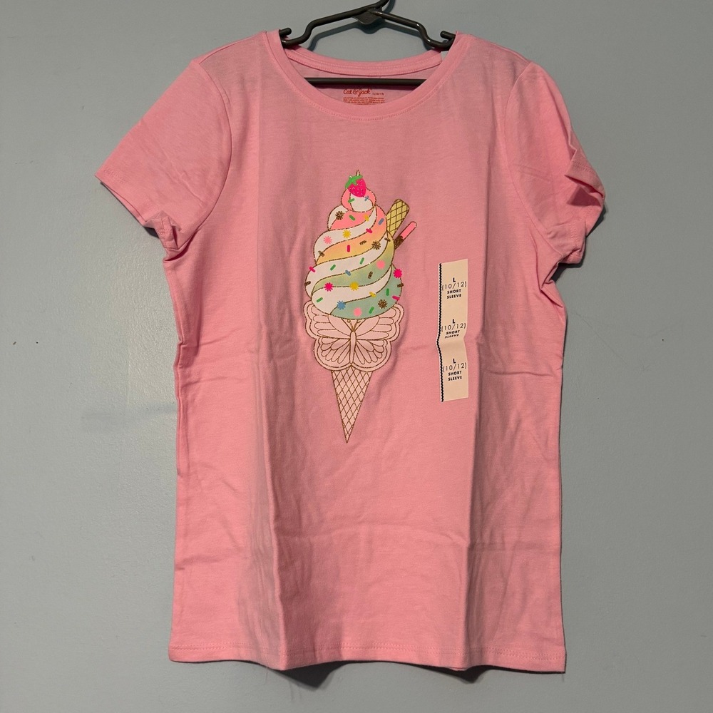 Cat & Jack Girls 10/12 Large Pink Ice Cream Cone Graphic T-Shirt 2332